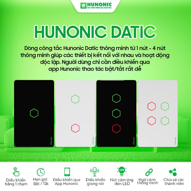 Công Tắc Cảm Ứng 2 Nút Wifi Hunonic Datic 14 Tinh Nang Hunonic Datic1